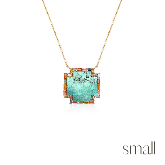 14k Rainbow Sapphire Baguette Turquoise Cross Necklace