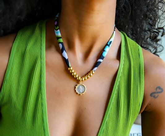 Two-Tone Fabric Necklace in Navy