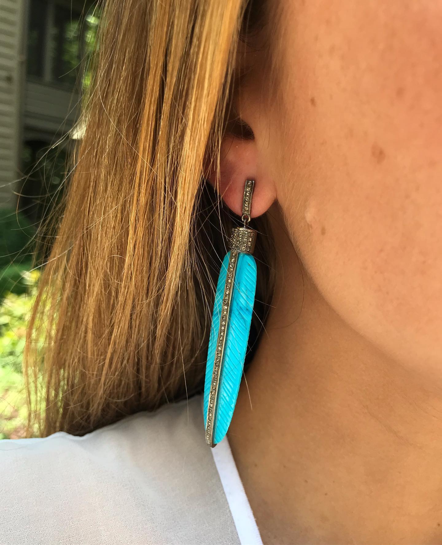Carved Turquoise Feather Earrings