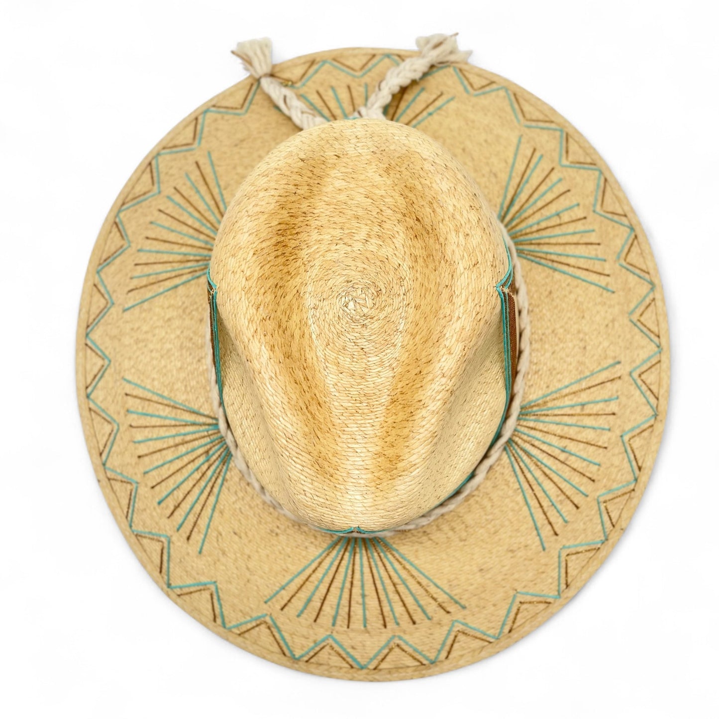 Aztec Palm Leaf Hat (Turquoise-Metallic Gold-Curved Brim)