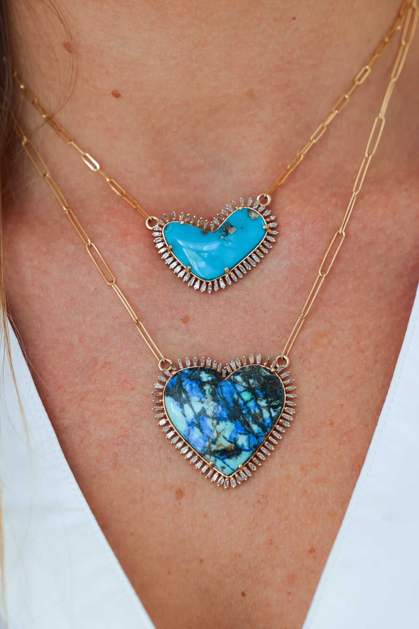 14k Azurite Turquoise Baguette Heart Charm Necklace