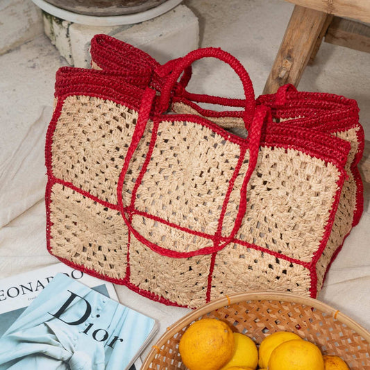 Carrey Raffia Tote Bag - Red
