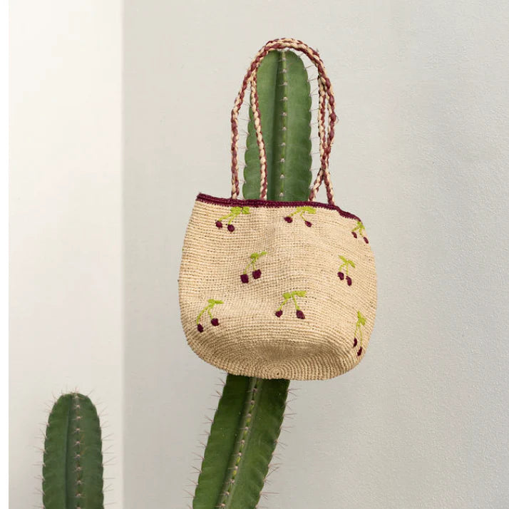 Cherry Raffia Tote Basket