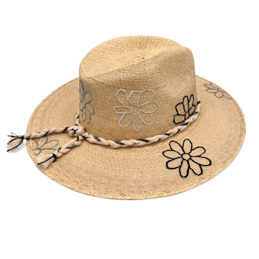 Daisy Daze Palm Leaf Hat (Black-Metallic Silver-White)