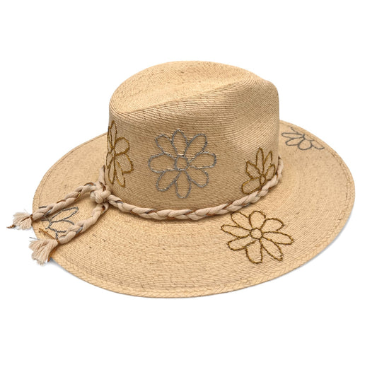 Daisy Daze Palm Leaf Hat (Metallic Silver-Metallic Gold-Curved Brim)