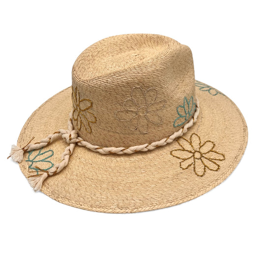 Daisy Daze Palm Leaf Hat (Turquoise-Metallic Gold-Ivory-Curved Brim)