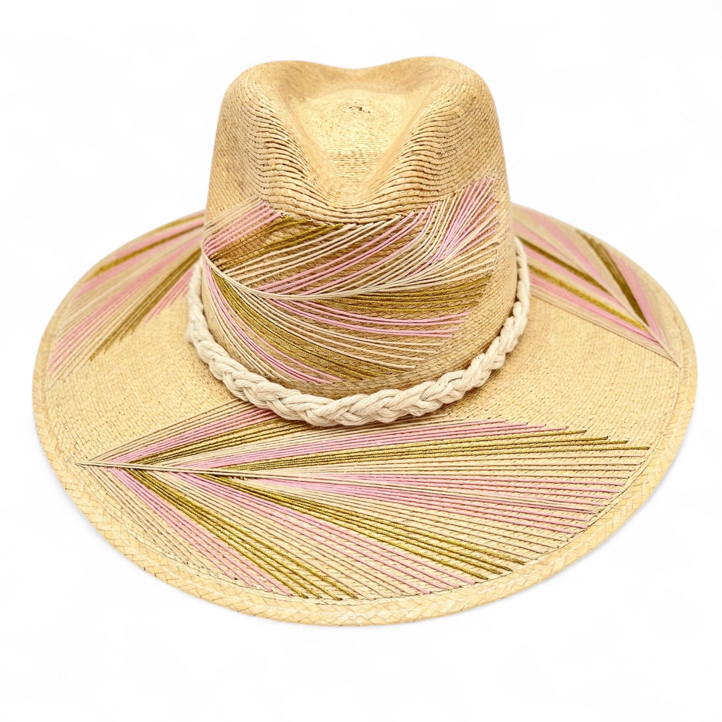 Feather Palm Leaf Hat (Light Pink-Metallic Gold-Ivory-Curved Brim)
