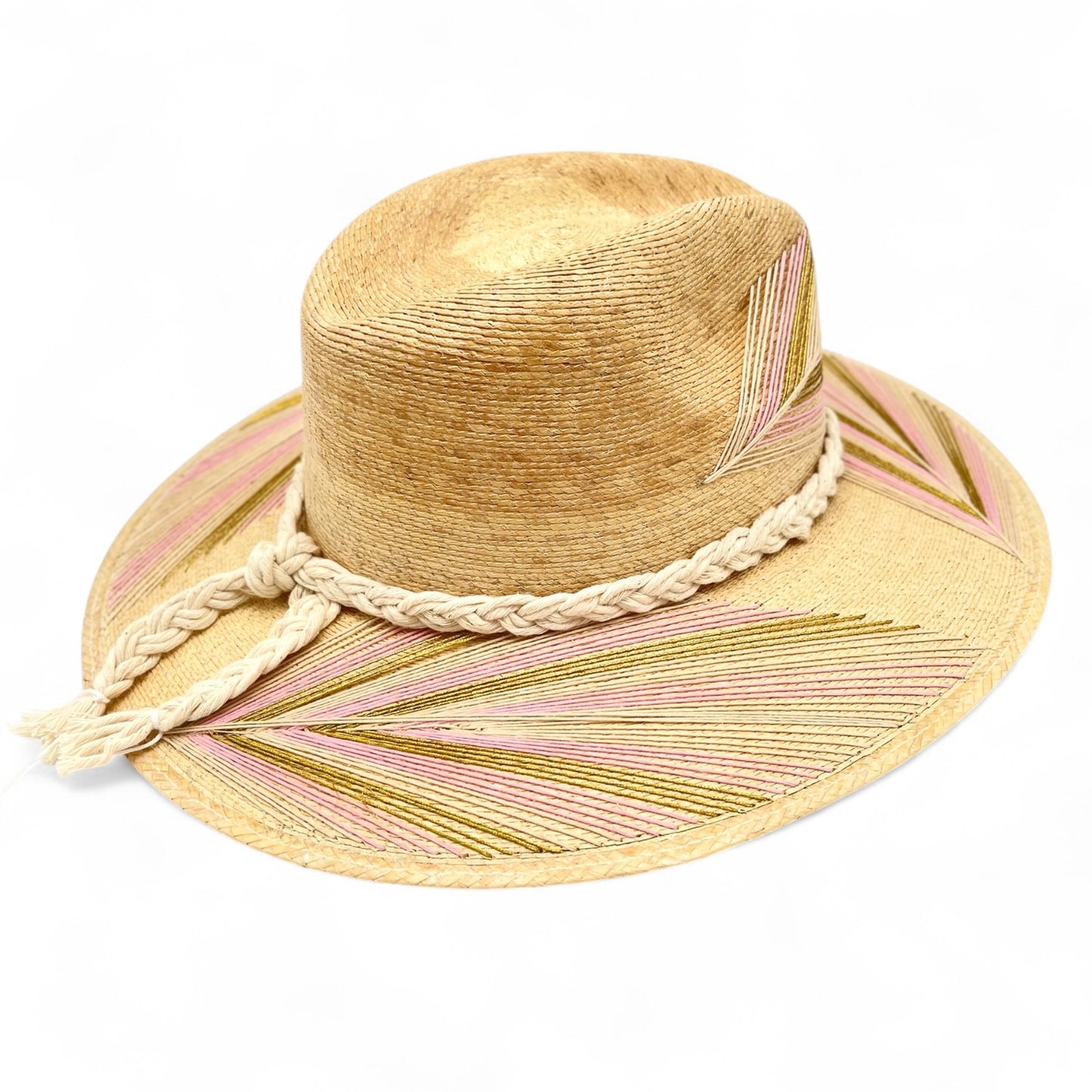 Feather Palm Leaf Hat (Light Pink-Metallic Gold-Ivory-Curved Brim)
