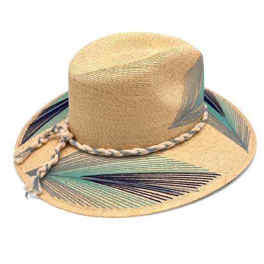 Feather Palm Leaf Hat (Light Blue-Turquoise-Royal Blue-Curved Brim)