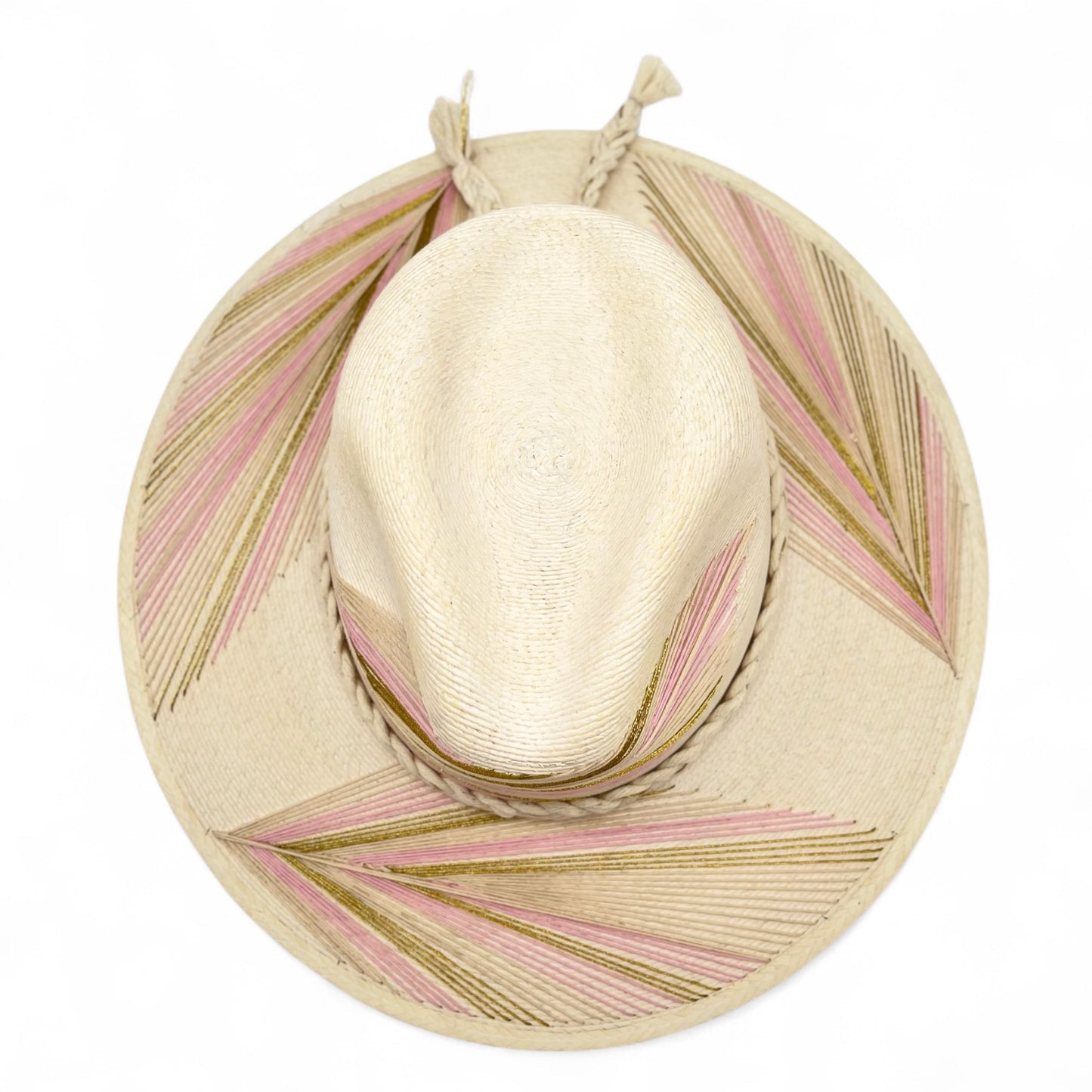 Feather Palm Leaf Hat (Light Pink-Metallic Gold-Ivory-Curved Brim)