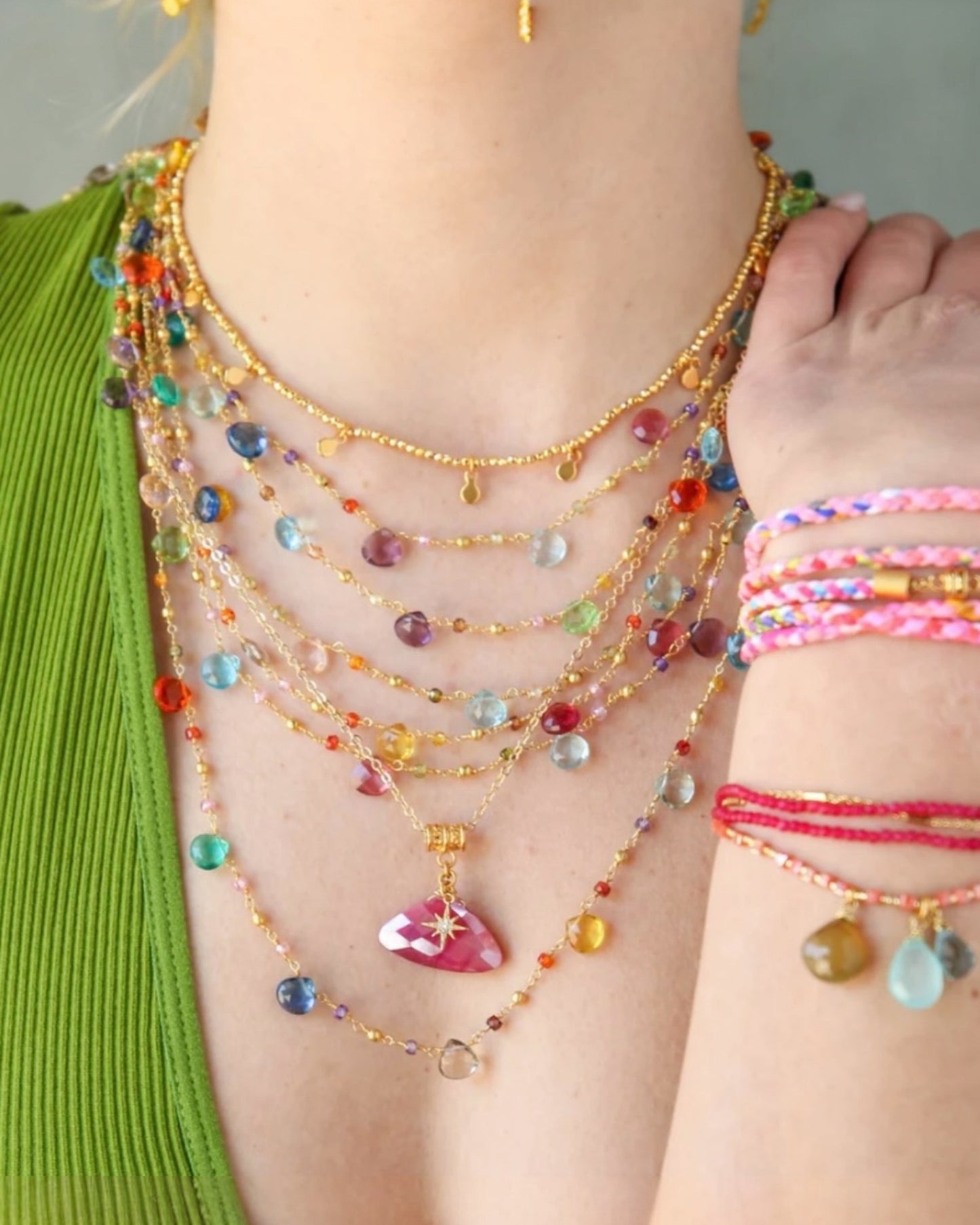 Gemstone Station Necklace in Pink Multi