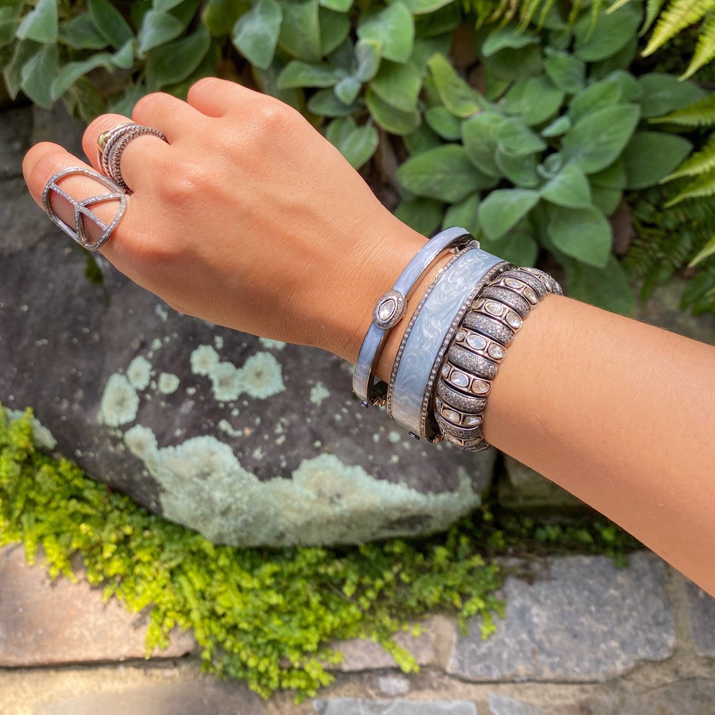 Pearl Grey Enamel Pave Rosecut Bangle