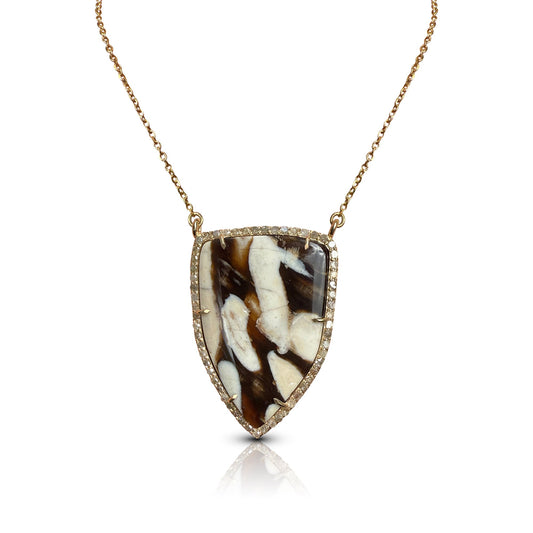 14k Petrified Peanut Wood Shield Necklace
