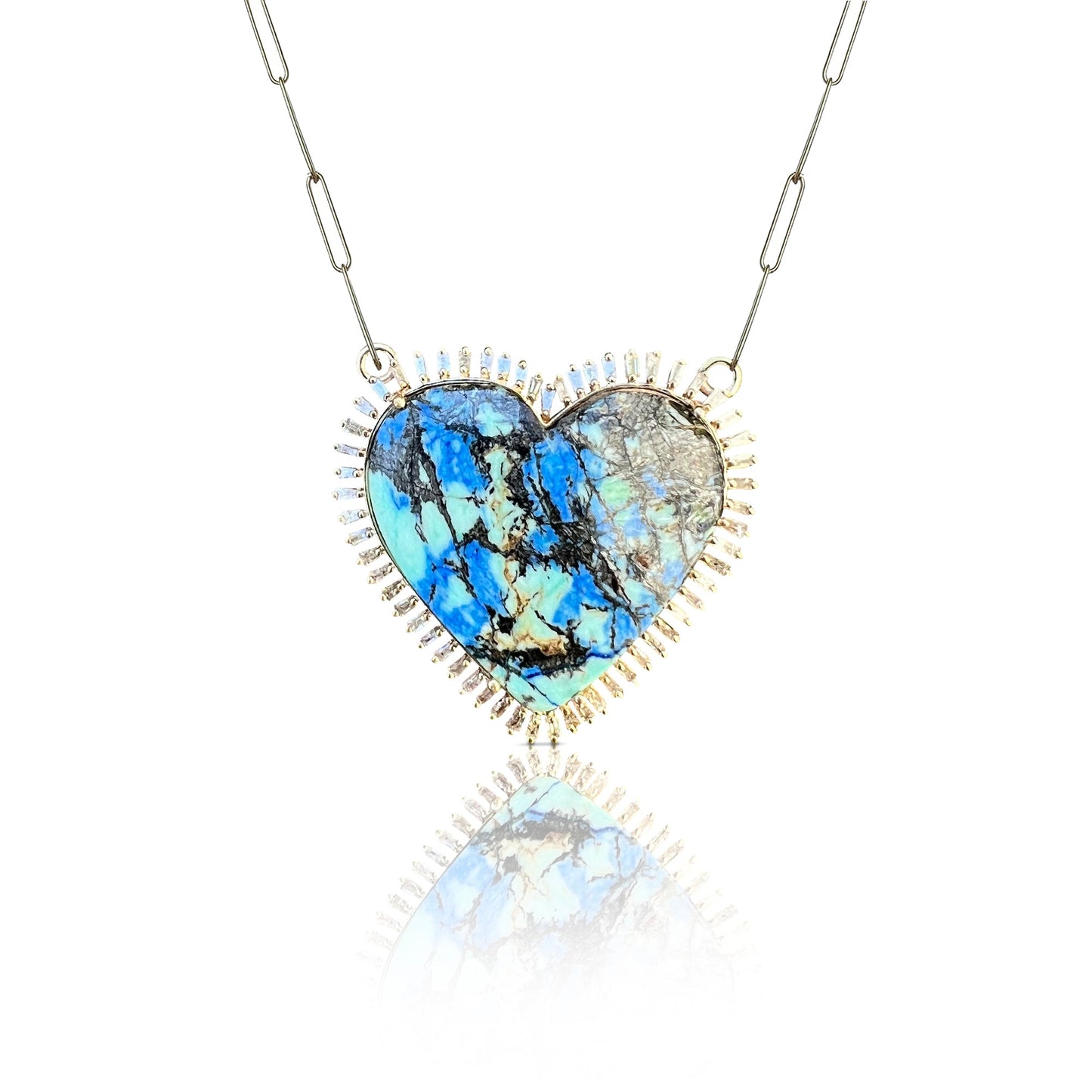 14k Azurite Turquoise Baguette Heart Charm Necklace