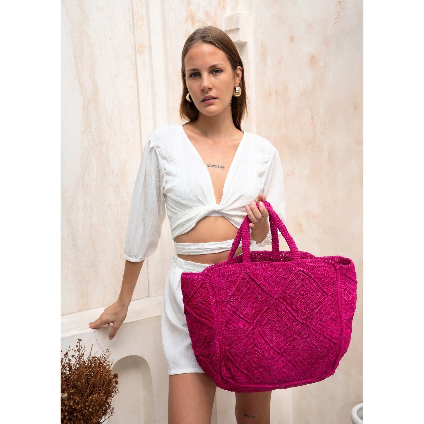 Nico Raffia Tote Bag - Fuchsia