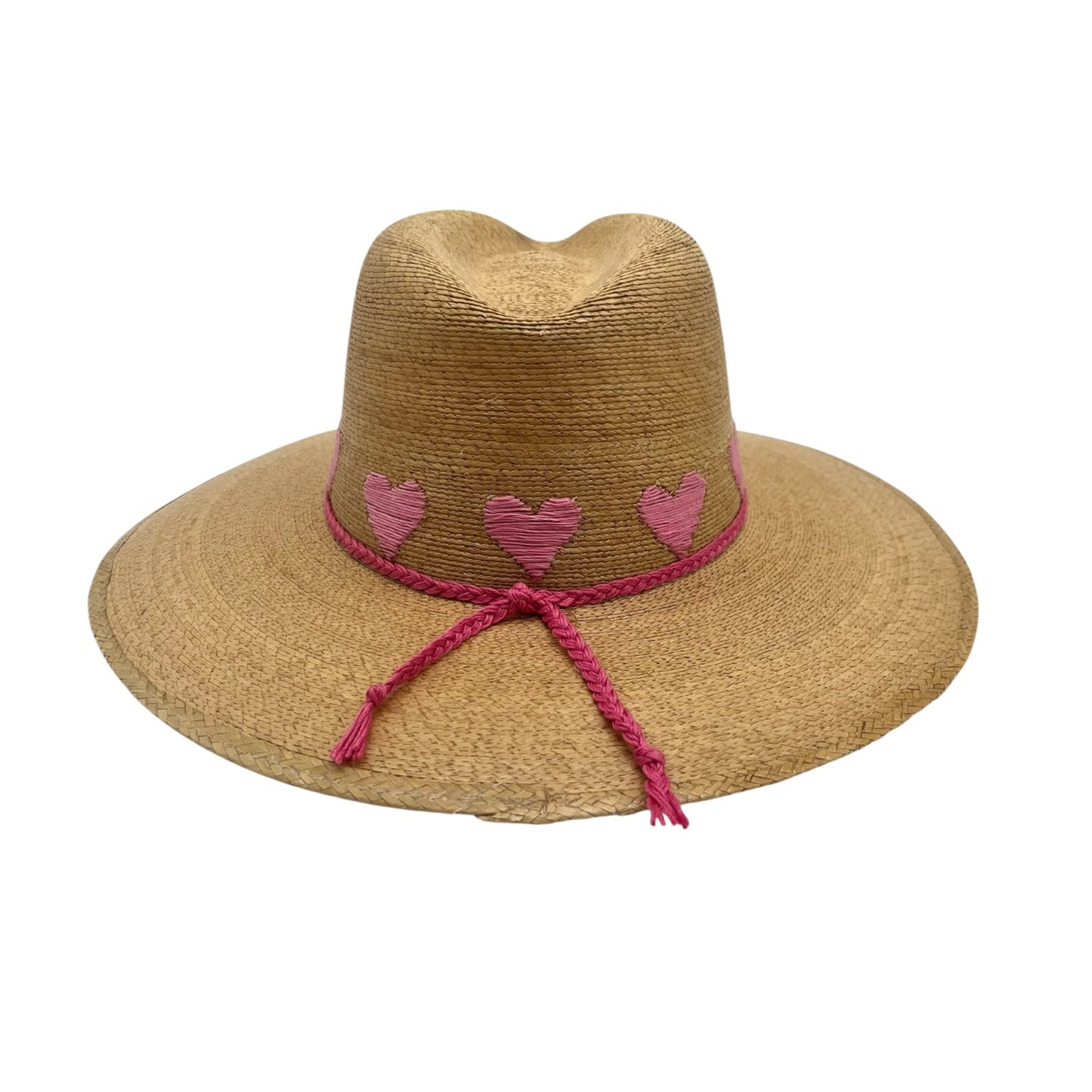 Sea Lovée Palm Leaf Hat (Tan with Bright Pink Hearts)