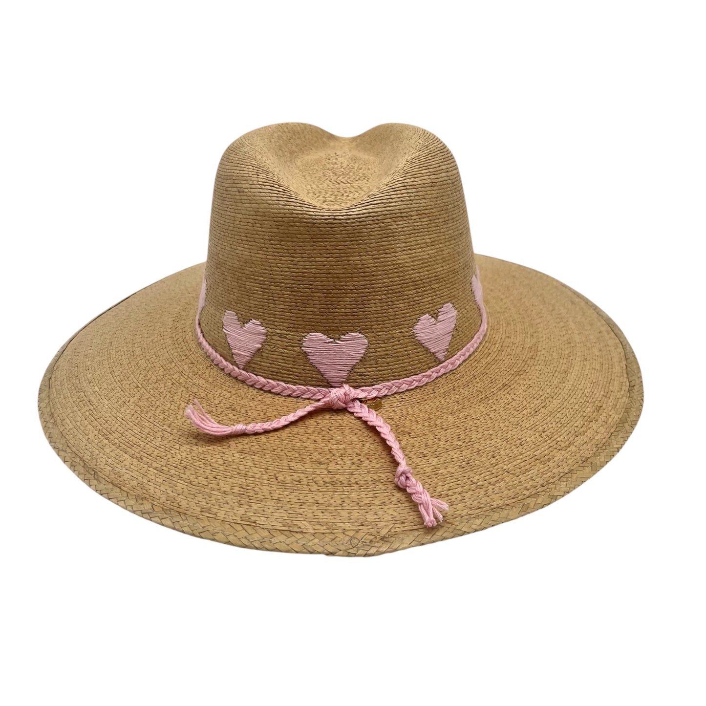 Sea Lovée Palm Leaf Hat (Tan with Pale Pink Hearts)