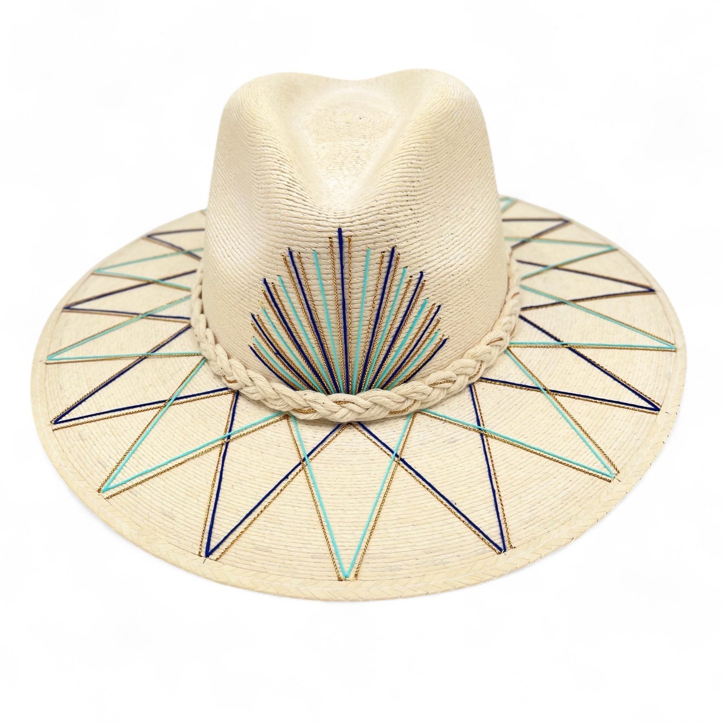 Sunrise Palm Leaf Hat (Bright Blue-Turq-Metallic Gold-Flat Brim)