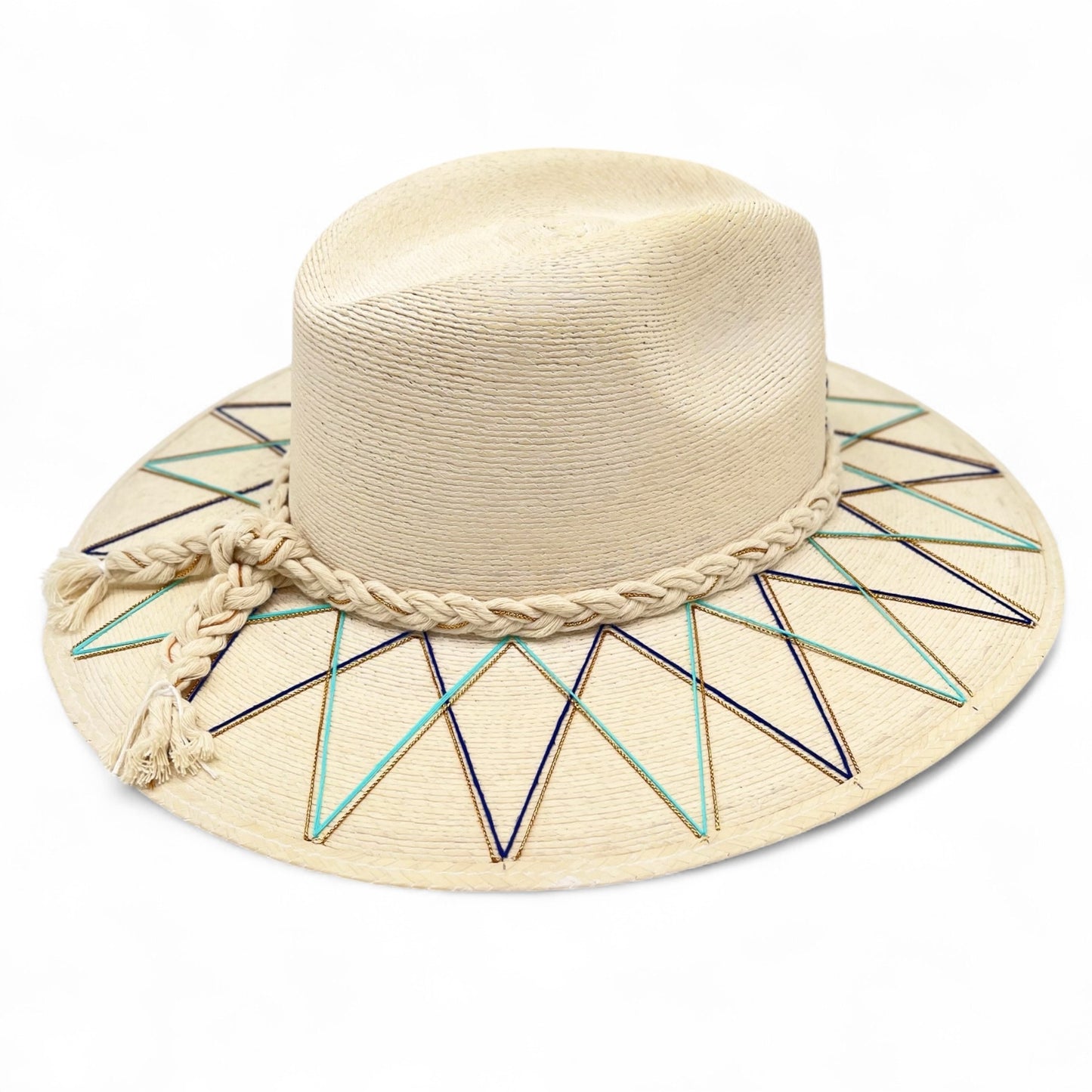Sunrise Palm Leaf Hat (Bright Blue-Turq-Metallic Gold-Flat Brim)