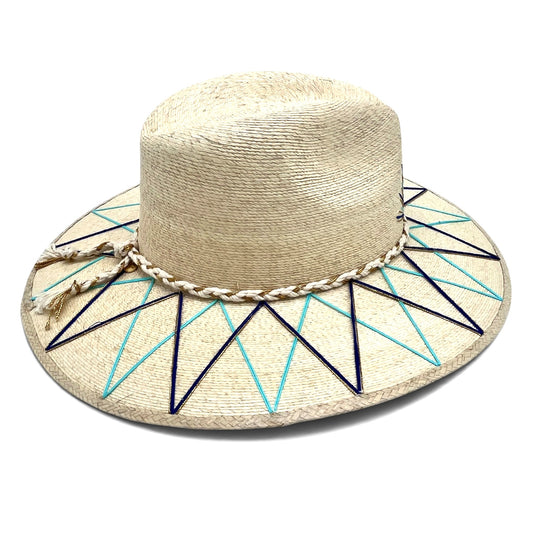 Sunrise Palm Leaf Hat (Natural with Bright Blue, Turq, Metallic Gold)