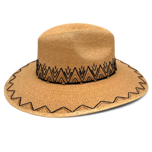 Zig Zag Palm Leaf Hat (Black-Metallic Gold-Curved Brim)