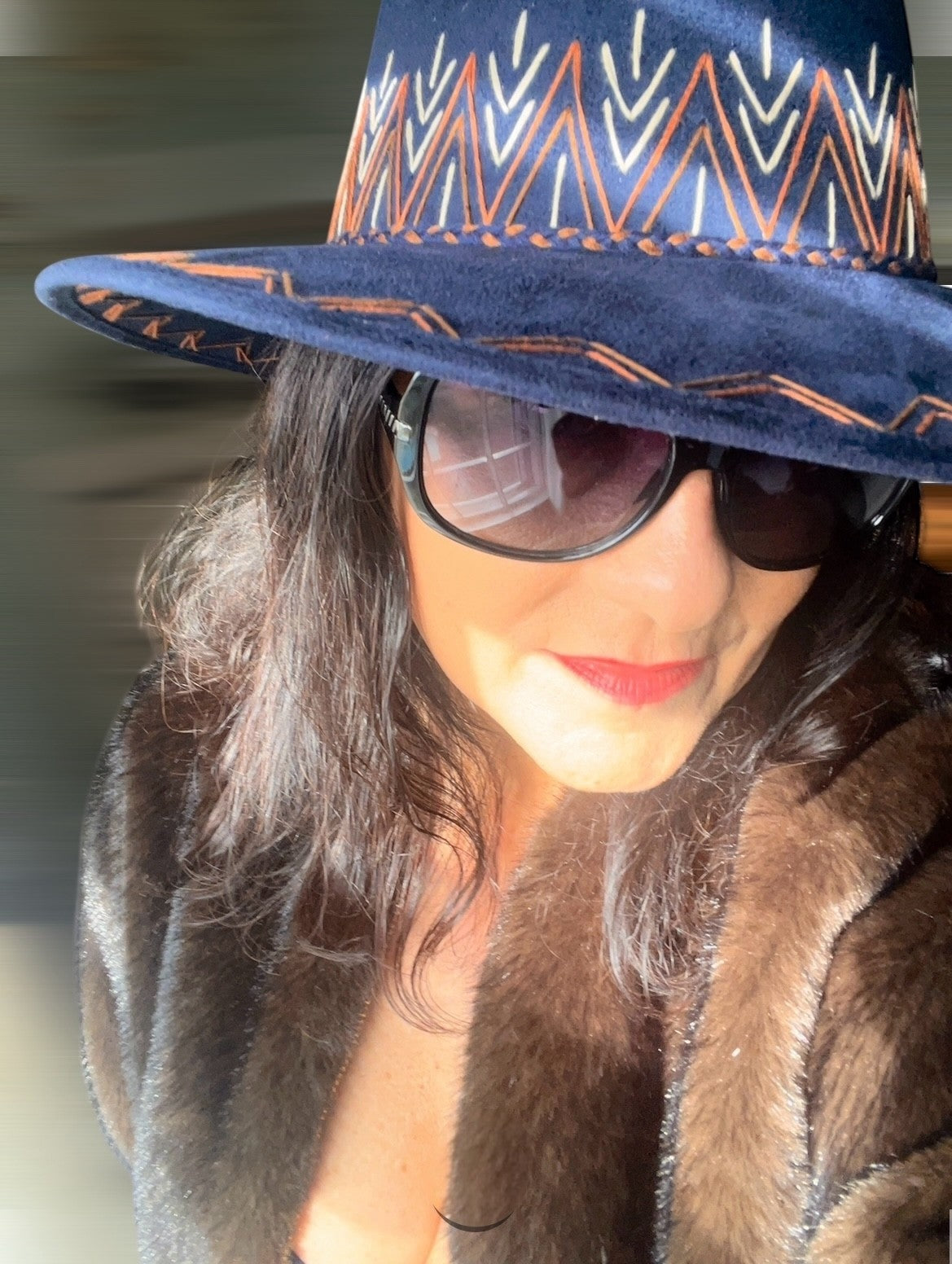 Zig Zag Vegan Suede Wide Brim Fedora - Navy Blue