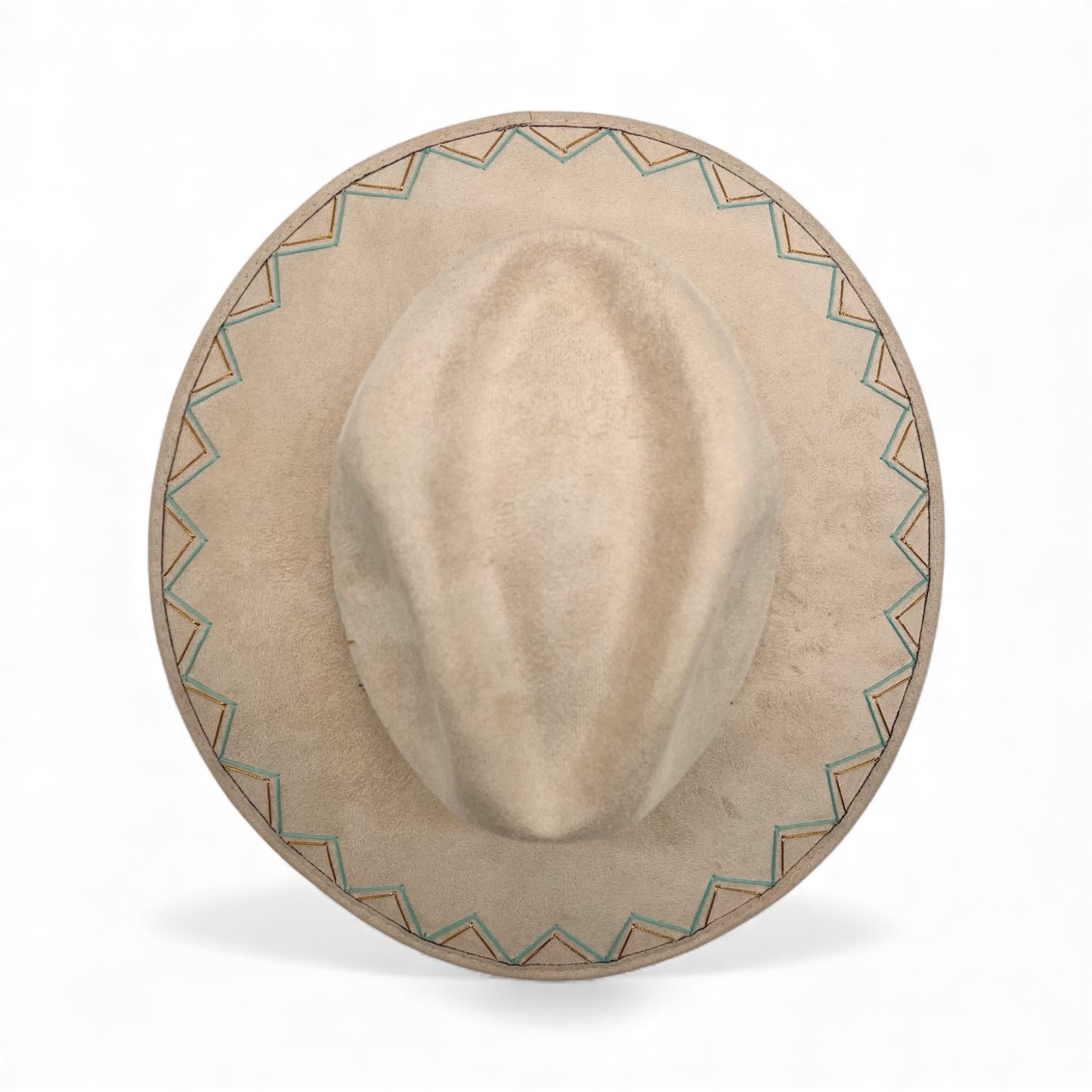 Zig Zag Vegan Suede Wide Brim Fedora in Ivory + Turquoise