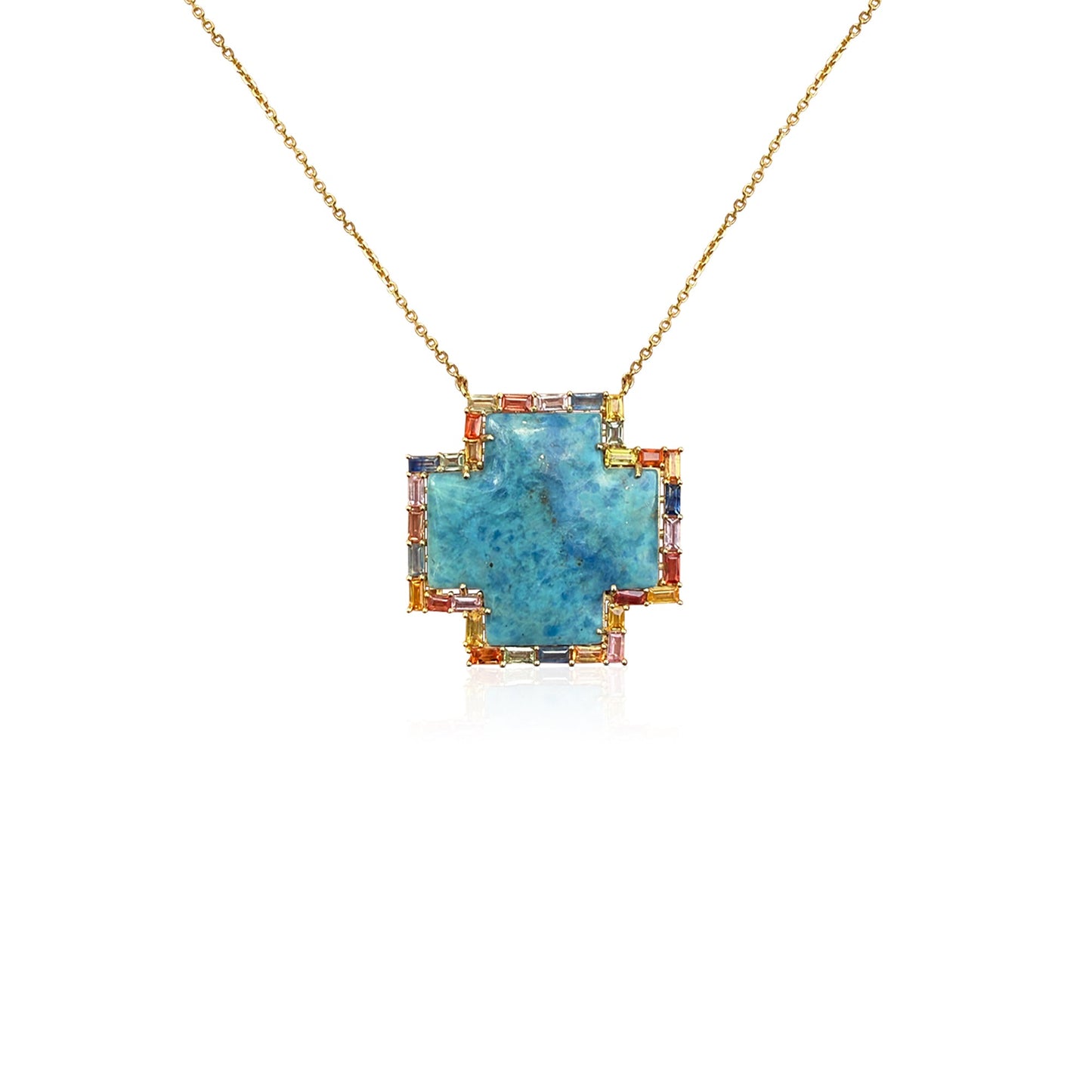 14k Baguette Rainbow Sapphire Denim Lapis Cross Necklace