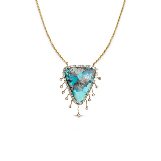 14K Turquoise Diamond Dangle Shield Necklace With Baguette Diamonds