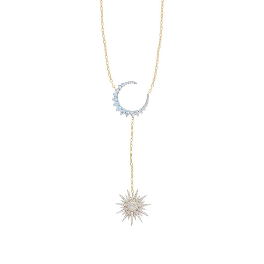 14K Gold and Diamond Star and Moon Lariat Necklace