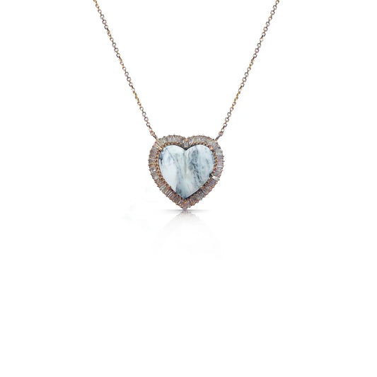 14K White Buffalo Baguette Heart Necklace