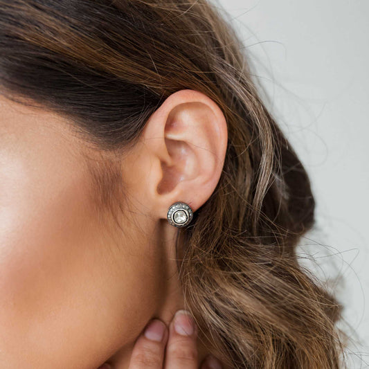 Sliced Diamond + Pave Stud Earrings Gold Plate
