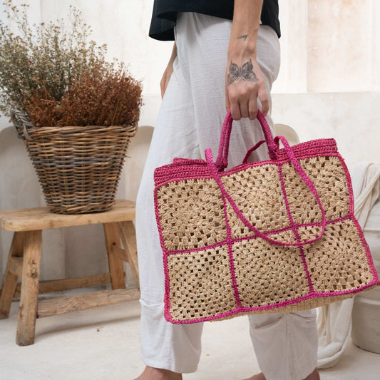 Carrey Raffia Tote Bag - Fuchsia