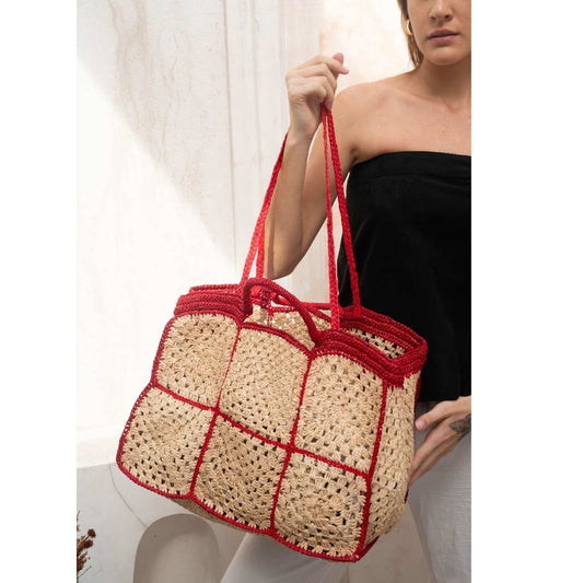Carrey Raffia Tote Bag - Red