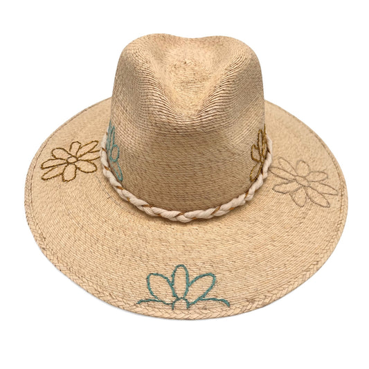 Daisy Daze Palm Leaf Hat (Turquoise-Metallic Gold-Ivory-Curved Brim)