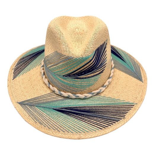Feather Palm Leaf Hat (Light Blue-Turquoise-Royal Blue-Curved Brim)
