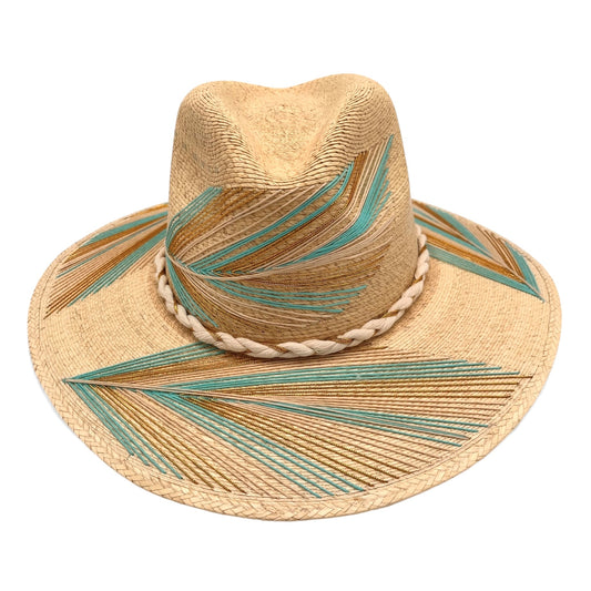 Feather Palm Leaf Hat (Turquoise-Metallic Gold-Ivory-Curved Brim)