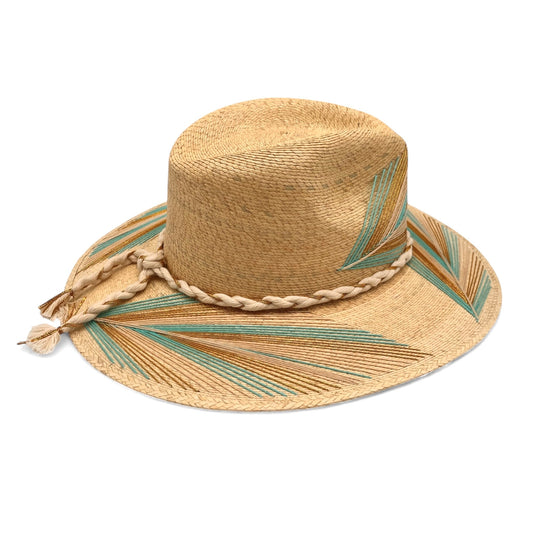 Feather Palm Leaf Hat (Turquoise-Metallic Gold-Ivory-Curved Brim)