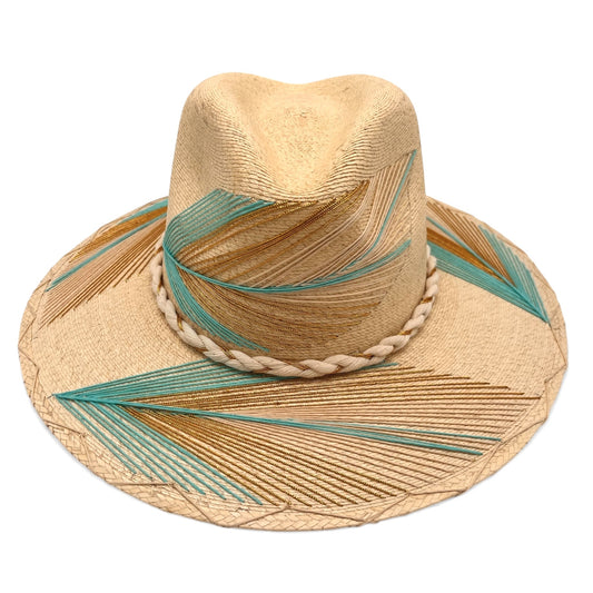 Feather Palm Leaf Hat (Turquoise-Metallic Gold-Ivory Ombre-Curved Brim)