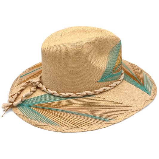 Feather Palm Leaf Hat (Turquoise-Metallic Gold-Ivory Ombre-Curved Brim)