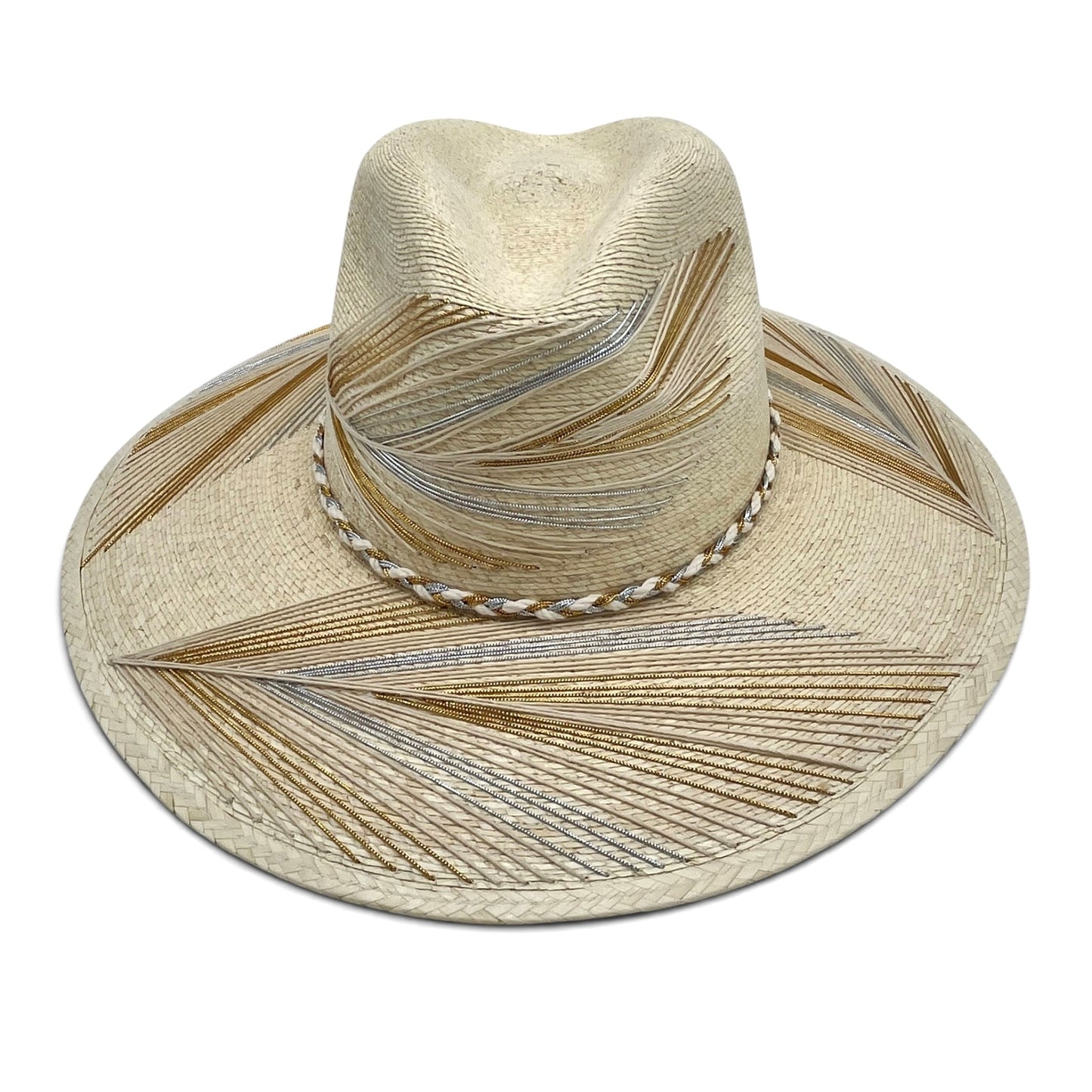 Feather Palm Leaf Hat (Natural with Metallic Silver, Gold, Ivory)