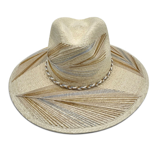 Feather Palm Leaf Hat (Natural with Metallic Silver, Gold, Ivory)