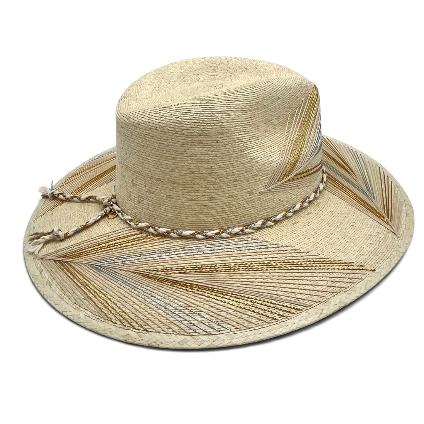 Feather Palm Leaf Hat (Natural with Metallic Silver, Gold, Ivory)