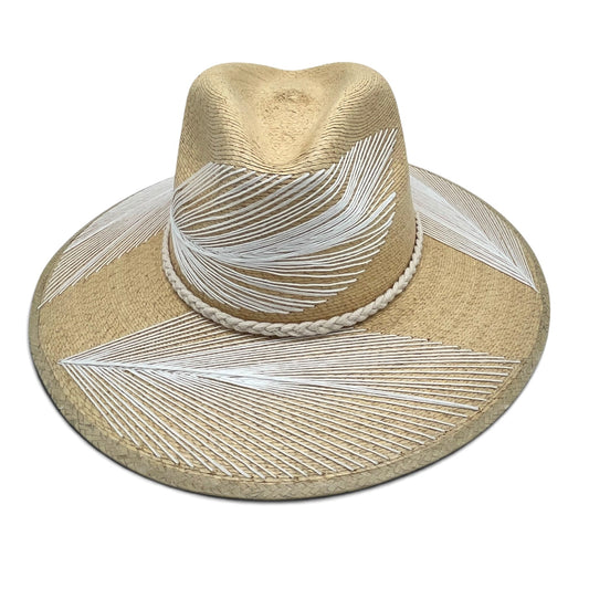 Feather Palm Leaf Hat (Tan with Bright White)