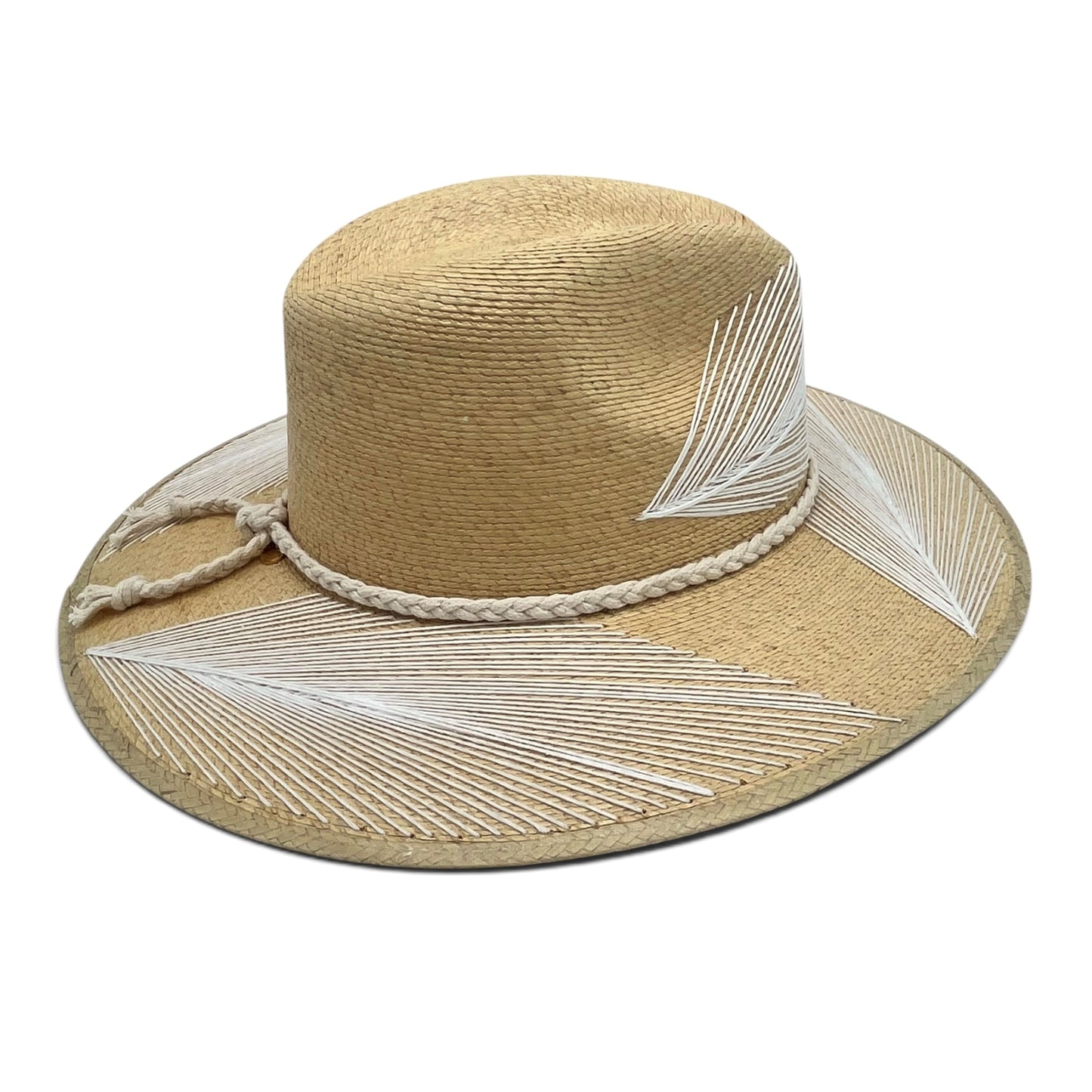 Feather Palm Leaf Hat (Tan with Bright White)