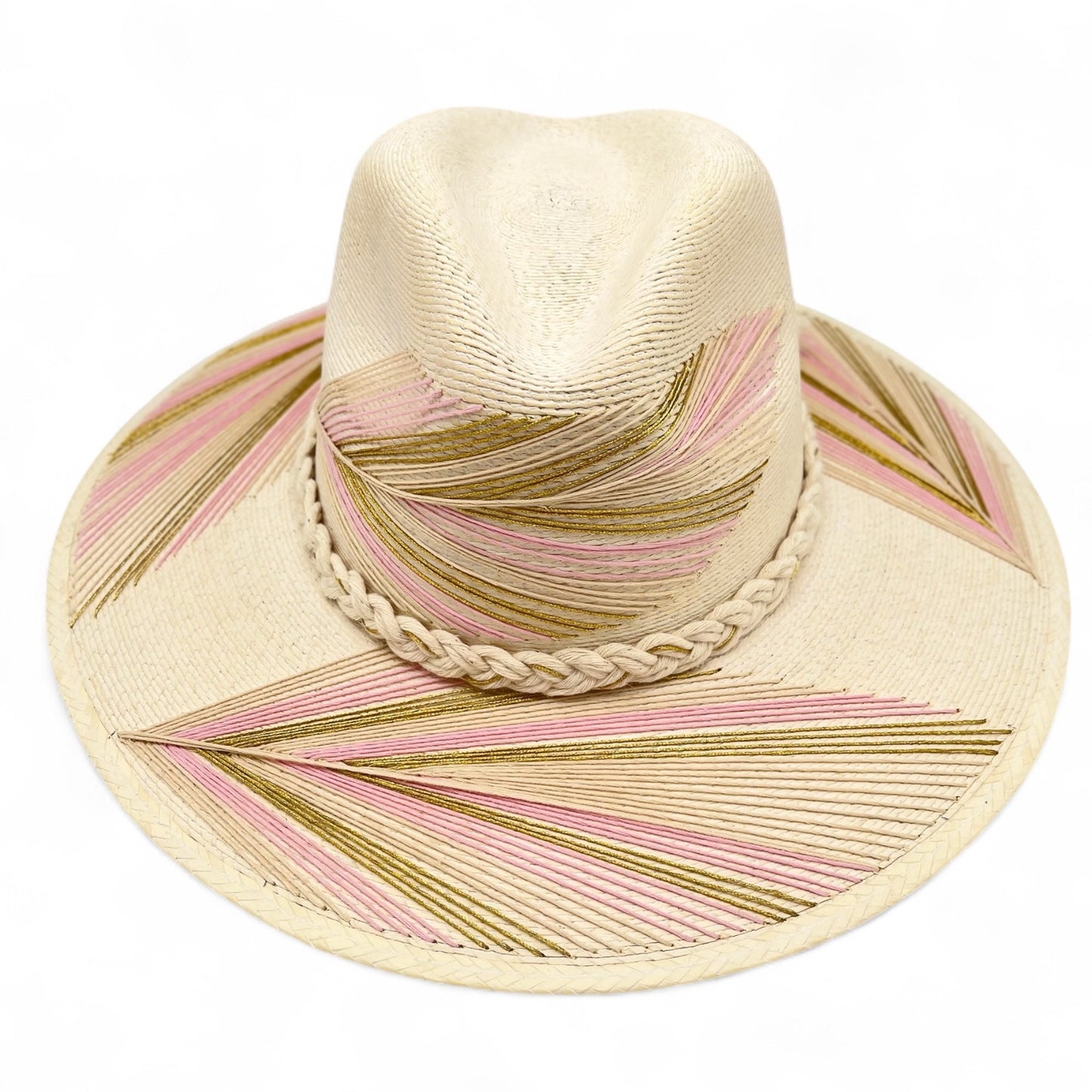 Feather Palm Leaf Hat (Light Pink-Metallic Gold-Ivory-Curved Brim)