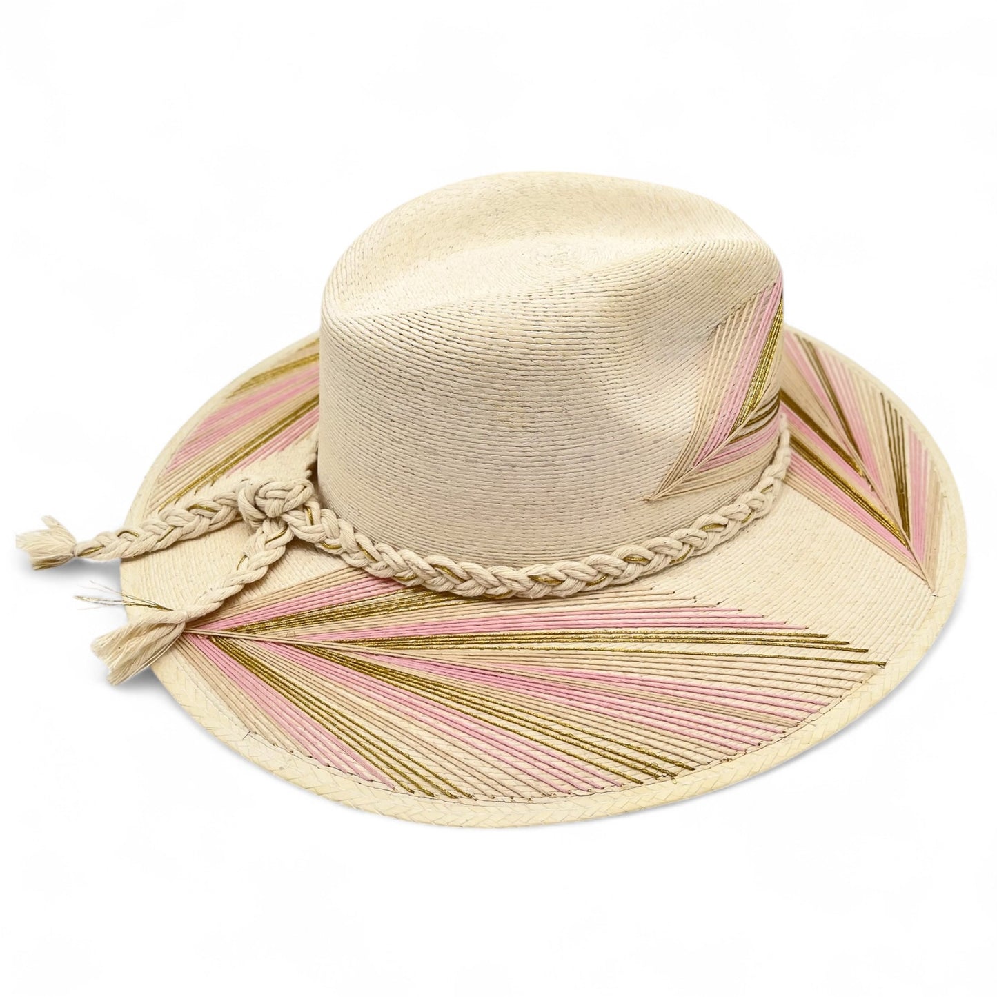 Feather Palm Leaf Hat (Light Pink-Metallic Gold-Ivory-Curved Brim)