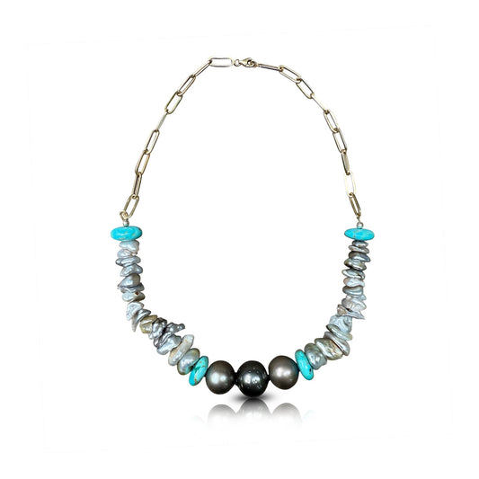 Tahitian and Keshi Pearl Necklace with Turquoise Rondelle Beads