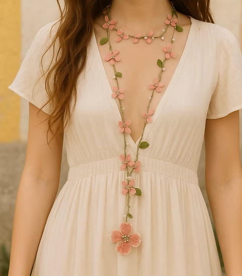 Lauren Floral Crochet Lariat Necklace - Pink