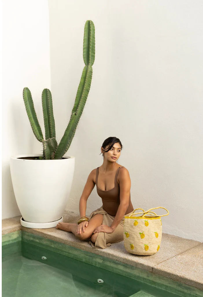 Lemon Raffia Tote Basket